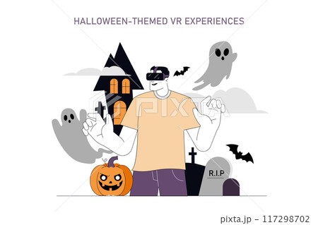 Halloween-themed VR experience concept. Man immersed in virtual reality amongst spooky elements. Interactive tech meets festive fright. Vector illustration. 117298702