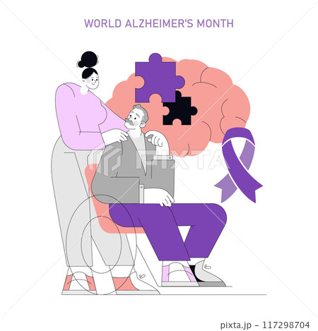 World Alzheimer's Month concept. Supportive woman with elderly man, symbolic brain puzzle, and awareness ribbon. Vector illustration. 117298704