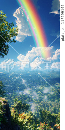 青空に掛かる虹と自然の風景	 117299143