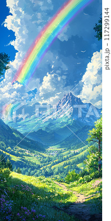 青空に掛かる虹と自然の風景	 117299144