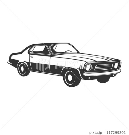Classic vintage retro car design. Vector silhouette. Design element for logo, sign, emblem. American sports sedan. 117299201