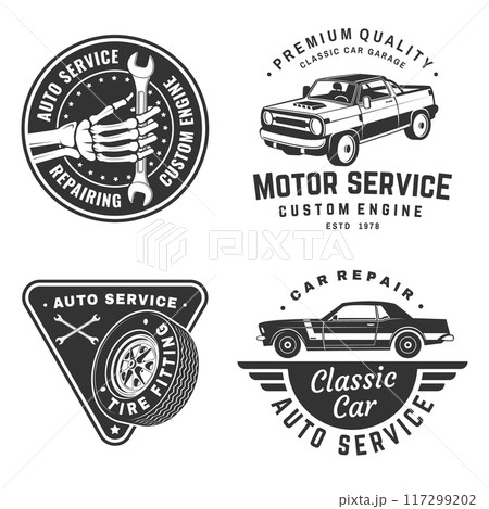Set of auto service logo, emblems, badges and icons. Vector. Service car repair, restoration and car club design elements. 117299202