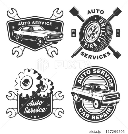 Set of auto service logo, emblems, badges and icons. Vector. Service car repair, restoration and car club design elements. 117299203