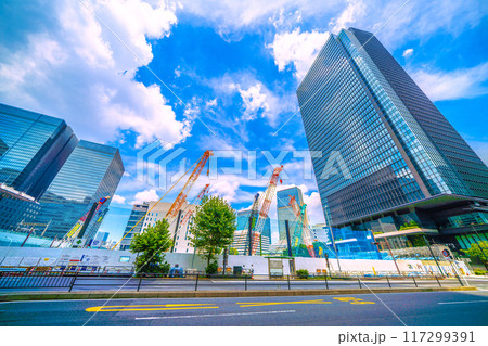 日本の東京都市景観　大手町二丁目常盤橋地区第一種市街地再開発事業や常盤橋タワーなどを望む＝11日 117299391