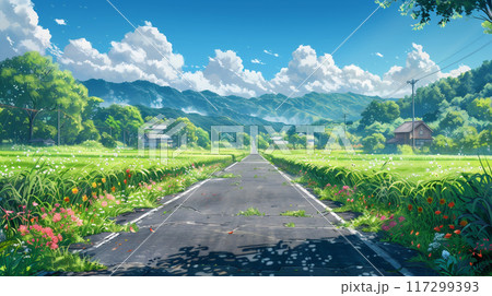 青空と田舎道、天気の良い自然の風景	 117299393