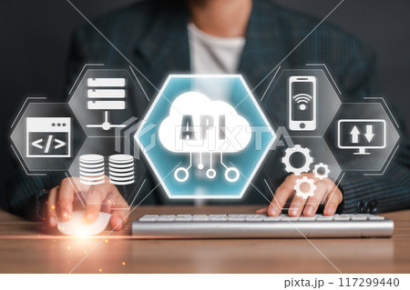 Visual representation of API concept with cloud computing and data integration icons, showcasing modern technology and digital connectivity. 117299440