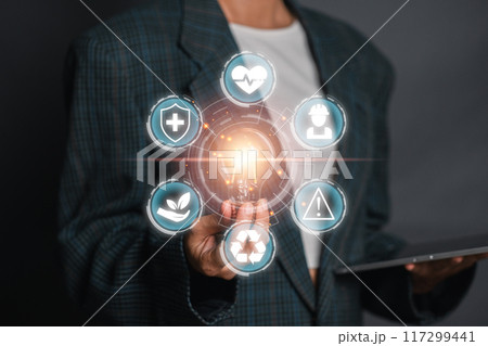 Digital illustration of health, safety, and environment icons, highlighting safety, health, recycling, and environmental protection concepts. Digital illustration of health, safety, and environment icons, highlighting safety, health, recycling, and environmental protection concepts. 117299441