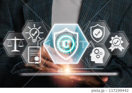 Visual representation of digital copyright protection, showcasing icons for intellectual property, legal rights, and innovation. Visual representation of digital copyright protection, showcasing icons for intellectual property, legal rights, and innovation. 117299442