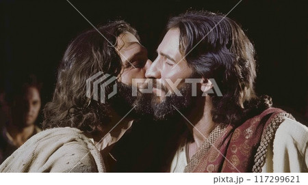 The kiss of judas: dramatic portrayal captures biblical betrayal, tension, and conflict as judas iscariot betrays jesus with a kiss, symbolizing spiritual depth and iconic christian symbolism The kiss of judas: dramatic portrayal captures biblical betrayal, tension, and conflict as judas iscariot betrays jesus with a kiss, symbolizing spiritual depth and iconic christian symbolism 117299621
