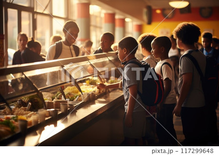 A schoolchild in the school cafeteria. Time of lunch break, peculiarities of the school meal, snack A schoolchild in the school cafeteria. Time of lunch break, peculiarities of the school meal, snack 117299648