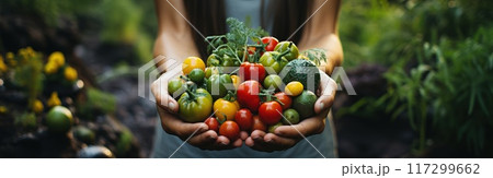 Nourishing greens: goodness of veggie food, fruit, and vegetables in a vibrant culinary symphony, a plant-powered feast for health and vitality, embracing the abundance of nature's bounty. 117299662