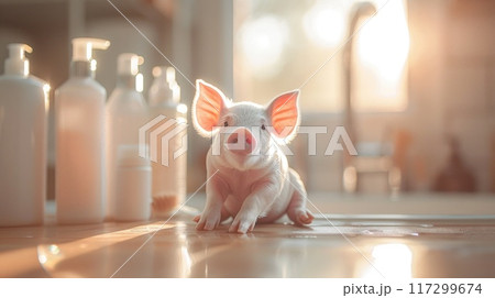Adorable spa pig: cute and pampered pig enjoying relaxing spa treatments, a charming and delightful scene of animal wellness and indulgence, perfect for showcasing relaxation and cuteness 117299674