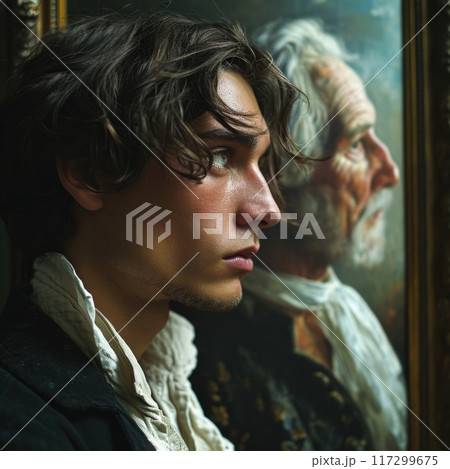 Young man standing next to his aging portrait: the mystique of the composition, where the painting conceals his old years, enabling him to endure in eternal youthfulness, Young man standing next to his aging portrait: the mystique of the composition, where the painting conceals his old years, enabling him to endure in eternal youthfulness, 117299675