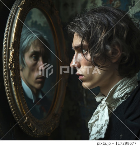 Young man standing next to his aging portrait: the mystique of the composition, where the painting conceals his old years, enabling him to endure in eternal youthfulness, 117299677