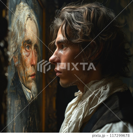 Young man standing next to his aging portrait: the mystique of the composition, where the painting conceals his old years, enabling him to endure in eternal youthfulness, 117299678