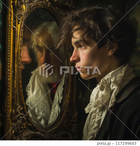 Young man standing next to his aging portrait: the mystique of the composition, where the painting conceals his old years, enabling him to endure in eternal youthfulness, Young man standing next to his aging portrait: the mystique of the composition, where the painting conceals his old years, enabling him to endure in eternal youthfulness, 117299683