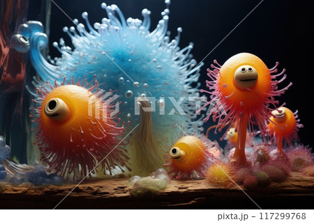 In the microscopic realm, a vibrant microbe dances, form intricate surreal. A symphony of colors shapes, it embodies unseen beauty of microbial world, a tiny marvel thriving in unseen corners of life. In the microscopic realm, a vibrant microbe dances, form intricate surreal. A symphony of colors shapes, it embodies unseen beauty of microbial world, a tiny marvel thriving in unseen corners of life. 117299768