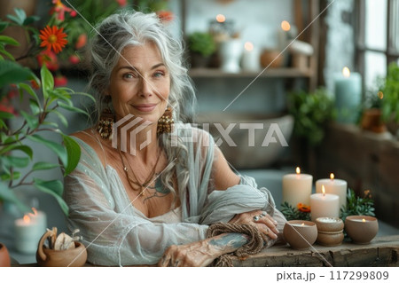 Tranquil spa retreat: rejuvenating body care for lovely elderly woman amidst steam room, sauna, and water treatments, promoting relaxation and skin rejuvenation 117299809