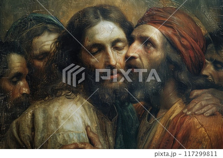 The kiss of judas: dramatic portrayal captures biblical betrayal, tension, and conflict as judas iscariot betrays jesus with a kiss, symbolizing spiritual depth and iconic christian symbolism The kiss of judas: dramatic portrayal captures biblical betrayal, tension, and conflict as judas iscariot betrays jesus with a kiss, symbolizing spiritual depth and iconic christian symbolism 117299811