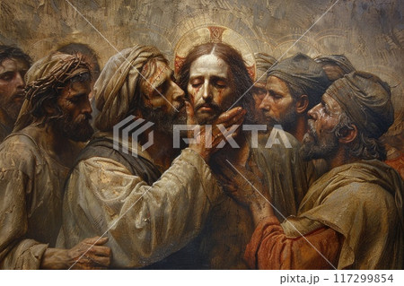 The kiss of judas: dramatic portrayal captures biblical betrayal, tension, and conflict as judas iscariot betrays jesus with a kiss, symbolizing spiritual depth and iconic christian symbolism 117299854