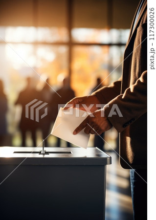 Civic duty - hand placing a ballot paper in ballot box for voting, emphasizing importance of election concept, showcasing anonymity of secret ballot, reflecting competitive nature of preelection race. Civic duty - hand placing a ballot paper in ballot box for voting, emphasizing importance of election concept, showcasing anonymity of secret ballot, reflecting competitive nature of preelection race. 117300026