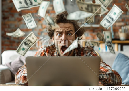 Unexpected windfall: a shocked young person reacts to the arrival of money, the concept of luck, winning, and the overwhelming joy of unexpected financial fortune and happiness. Unexpected windfall: a shocked young person reacts to the arrival of money, the concept of luck, winning, and the overwhelming joy of unexpected financial fortune and happiness. 117300062