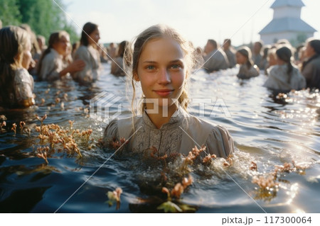 Sacred transformation - baptism of Russia, pivotal moment of spiritual rebirth, conversion to christianity, symbolizing profound cultural, religious shift in Russian history Sacred transformation - baptism of Russia, pivotal moment of spiritual rebirth, conversion to christianity, symbolizing profound cultural, religious shift in Russian history 117300064
