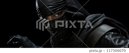 Mysterious figure - portrait ninja depicting shadowy and elusive warrior, capturing essence of stealth and agility, highlighting enigmatic presence and silent strength of master of covert operations. Mysterious figure - portrait ninja depicting shadowy and elusive warrior, capturing essence of stealth and agility, highlighting enigmatic presence and silent strength of master of covert operations. 117300070