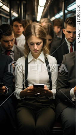 Urban journey - rush hour train cabin filled people, all absorbed mobile phone screens, reflecting landscape of constant connectivity, collective experience of crowded public transportation. 117300110