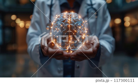Advanced medicine: doctor holding a hologram of a brain, showcasing medical concepts, neurological disease training, with a focus on psychology, medical technology, and disease management 117300111