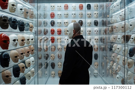 Masked identities: navigates emotional masks, expressions, how face aligns with their psychological state, contemplating impact pretending versus authenticity in personal roles, social interactions. 117300112