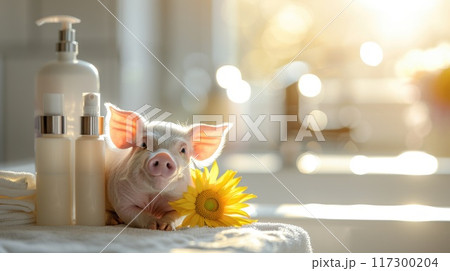 Adorable spa pig: cute and pampered pig enjoying relaxing spa treatments, a charming and delightful scene of animal wellness and indulgence, perfect for showcasing relaxation and cuteness 117300204