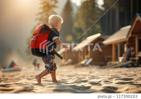 Summer Children's Portrait: a vivid image of a joyful child spending time at summer camp, surrounded by games, adventure and camaraderie, captured on canvas with cheerful colors. 117300283