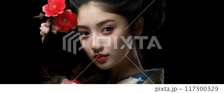 Timeless poise - portrait geisha, serene and dignified expression, delicate balance of grace and strength, portraying exquisite craftsmanship of kimono, accessories in japanese cultural tradition. 117300329