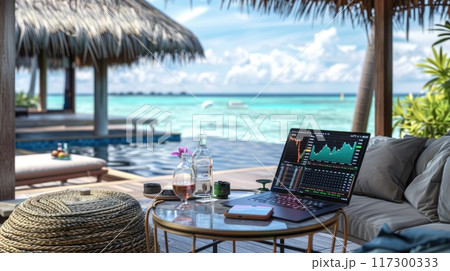 Wealthy crypto: a stock chart laptop in a luxury flat in a resort town, concept of crypto earnings, highlighting fusion of digital wealth accumulation and upscale lifestyle idyllic resort settings. 117300333