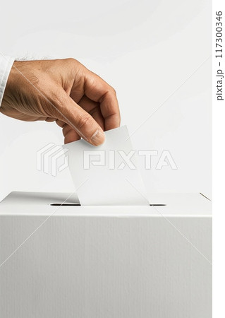 Civic duty - hand placing a ballot paper in ballot box for voting, emphasizing importance of election concept, showcasing anonymity of secret ballot, reflecting competitive nature of preelection race. 117300346