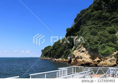 猿島の桟橋から見る夏の海と空 117300403