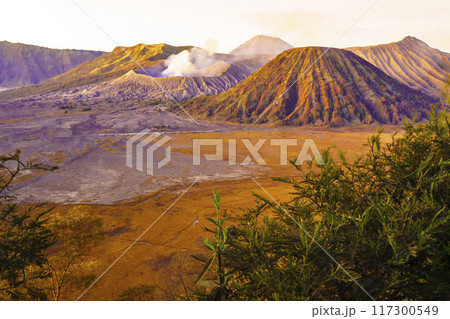 Dramatic sunrise over Mount Bromo, showcasing its volcanic cone. 117300549