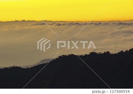 A stunning sea of clouds envelops hills of Bromo moments before sunrise, painted against a golden sky. A stunning sea of clouds envelops hills of Bromo moments before sunrise, painted against a golden sky. 117300554