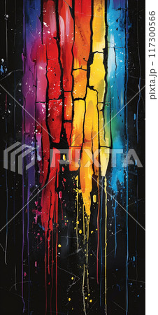 割れたガラスとカラフルな縦線の模様、黒い背景の抽象的なイラスト 割れたガラスとカラフルな縦線の模様、黒い背景の抽象的なイラスト 117300566