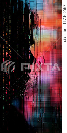 割れたガラスとカラフルな縦線の模様、黒い背景の抽象的なイラスト	 117300567