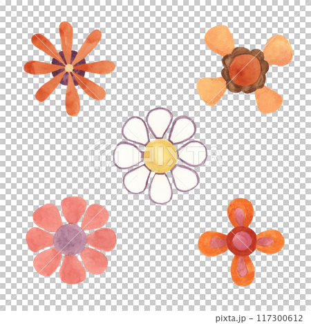 Retro flowers in minimalistic abstract 70s style. Hippie boho indie clipart. Watercolor groovy daisy illustration for flower power stickers, nostalgic designs, flyers, printing, quotes, cartoon style 117300612