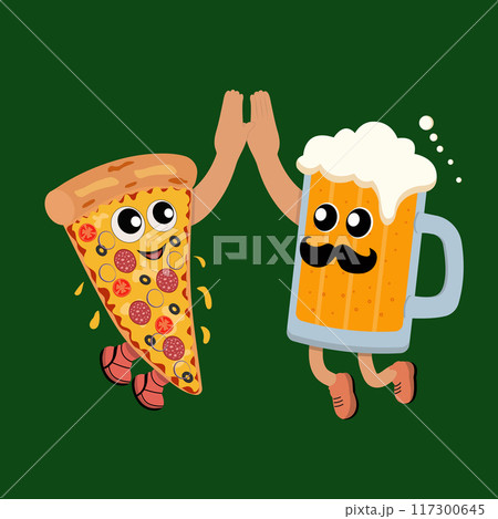 Beer and pizza in cartoon style. Beer and pizza in cartoon style. 117300645