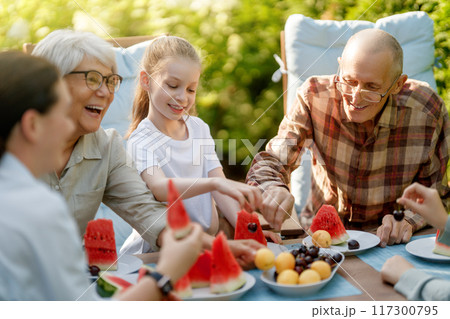 family spending time together in summer morning family spending time together in summer morning 117300795