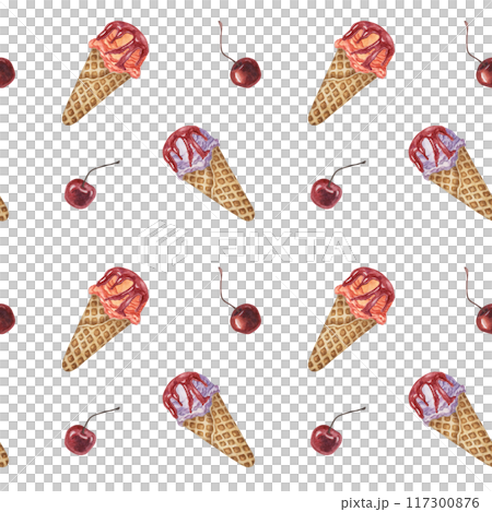 Ice cream cones, waffles and cherries watercolor seamless pattern. Whimsical hand painted clipart for textiles, wallpaper, packaging. Sweet dessert theme fabric for summer decor and scrapbooking 117300876