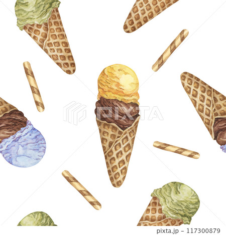 Colorful ice cream seamless pattern. Bubblegum, chocolate, banana, lemon, pistachio or matcha flavors in retro style. Watercolor clipart for printing, textile, apparel, wrapping paper, scrapbooking 117300879