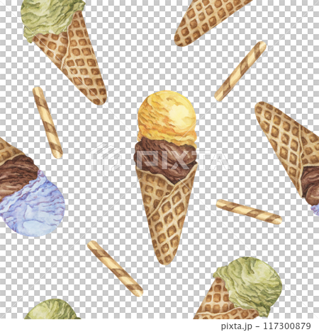 Colorful ice cream seamless pattern. Bubblegum, chocolate, banana, lemon, pistachio or matcha flavors in retro style. Watercolor clipart for printing, textile, apparel, wrapping paper, scrapbooking 117300879