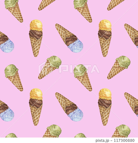 Colorful ice cream seamless pattern. Bubblegum, chocolate, banana, lemon, pistachio or matcha flavors in retro style. Watercolor clipart for printing, textile, apparel, wrapping paper, scrapbooking Colorful ice cream seamless pattern. Bubblegum, chocolate, banana, lemon, pistachio or matcha flavors in retro style. Watercolor clipart for printing, textile, apparel, wrapping paper, scrapbooking 117300880