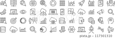 ベクターでモノクロのデータアナリティクスに関する線画アイコンセット ベクターでモノクロのデータアナリティクスに関する線画アイコンセット 117301310
