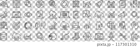ベクターでモノクロのデータアナリティクスに関する線画アイコンセット ベクターでモノクロのデータアナリティクスに関する線画アイコンセット 117301310